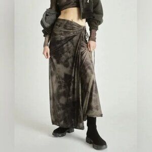 Free People Supernova Asymmetrical Mesh Maxi Skirt Tie Dye Ruche Wrap Khaki XS